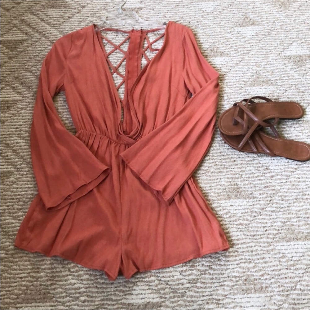 NWT Burnt Orange Romper Open Front CrissCross Back